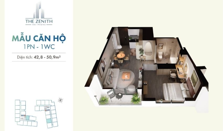 Mẫu thiết kế 1 Phòng ngủ chung cư The Zenith Hải Phòng