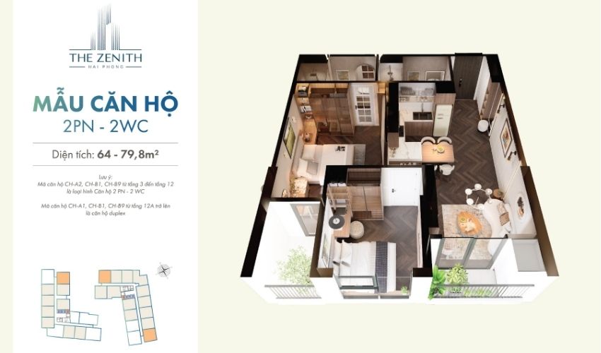Mẫu thiết kế 2 Phòng ngủ chung cư The Zenith Hải Phòng